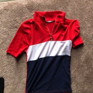 Blue Notes red white blue striped quarter zip T with collar